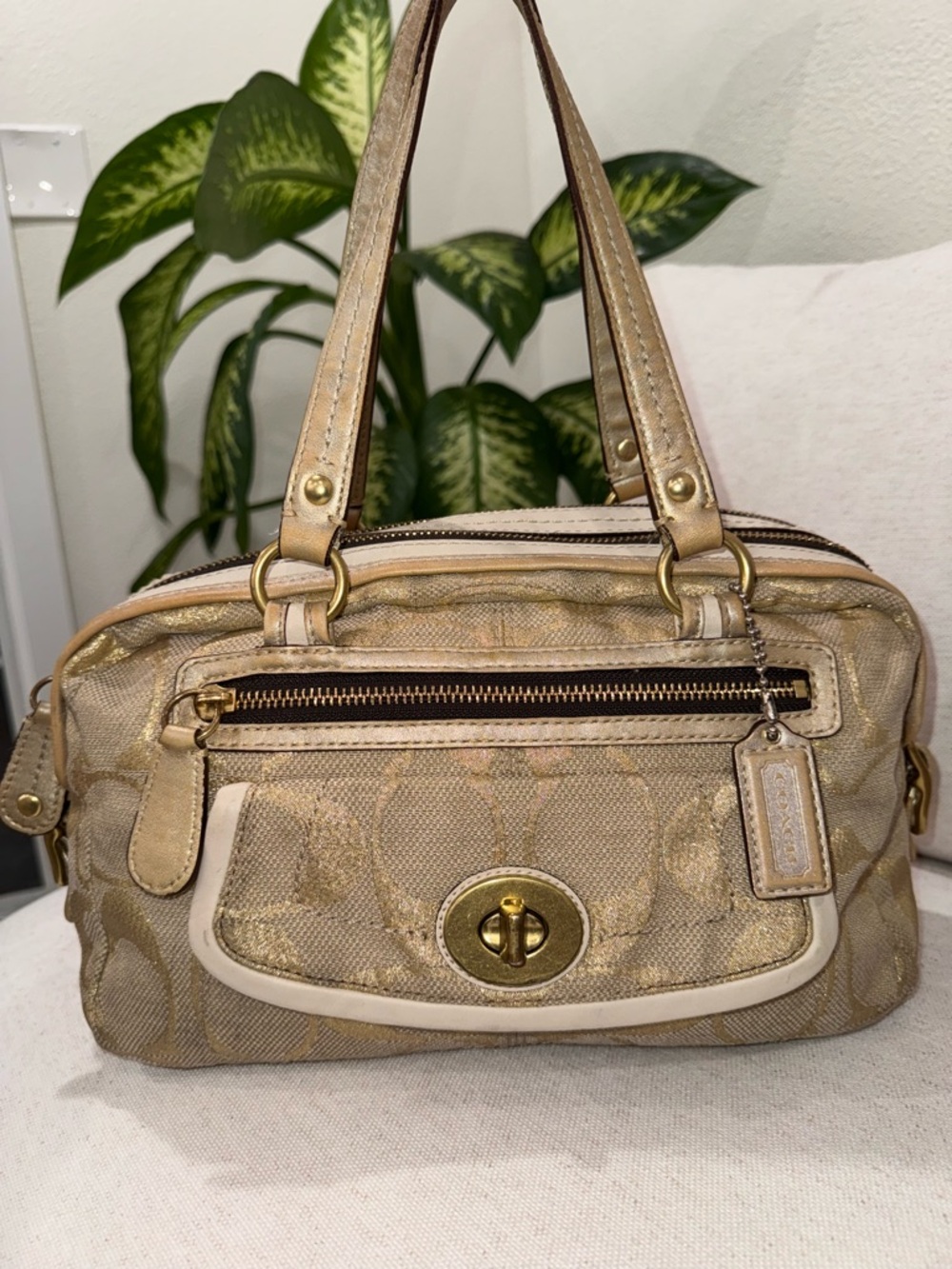 Coach VTG Metallic Gold Bonnie Linen Lurex Satchel Shoulder Handbag Purse #13502 - Picture 3 of 17